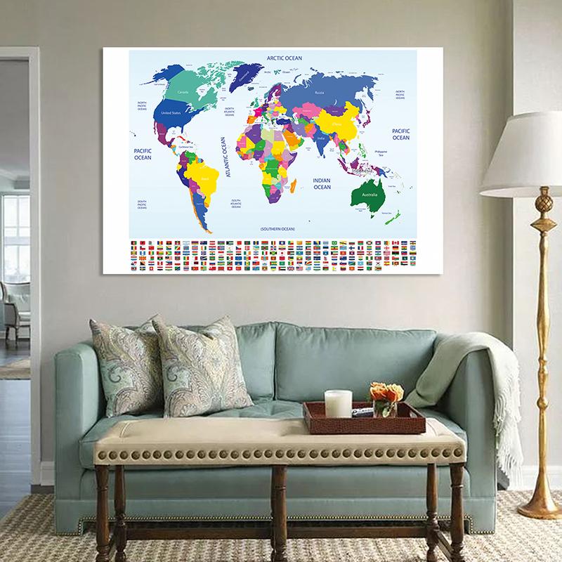 English Map Series Background Cloth World Map Political Distribution Map With Flag Photo Cloth