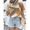 Women Casual Short Sleeve Button Up Shirt Geometric Brown Gray Beige Abstract Pattern Machine Washable Fashionable Blouse
