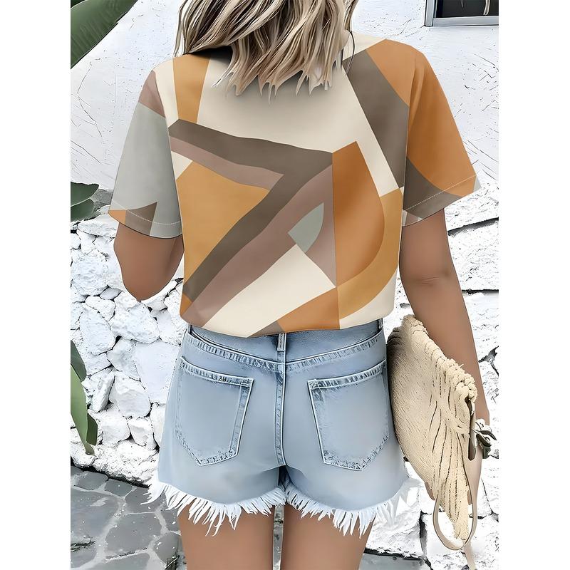 Women Casual Short Sleeve Button Up Shirt Geometric Brown Gray Beige Abstract Pattern Machine Washable Fashionable Blouse