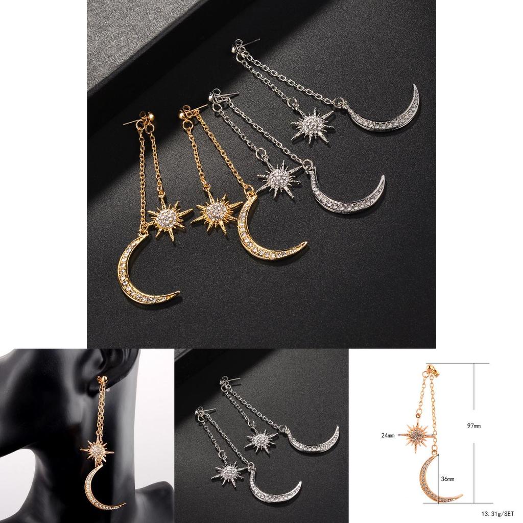 Elegant Sun And Moon Chain Long Earrings With Rhinestone For Valentine's Day Gift