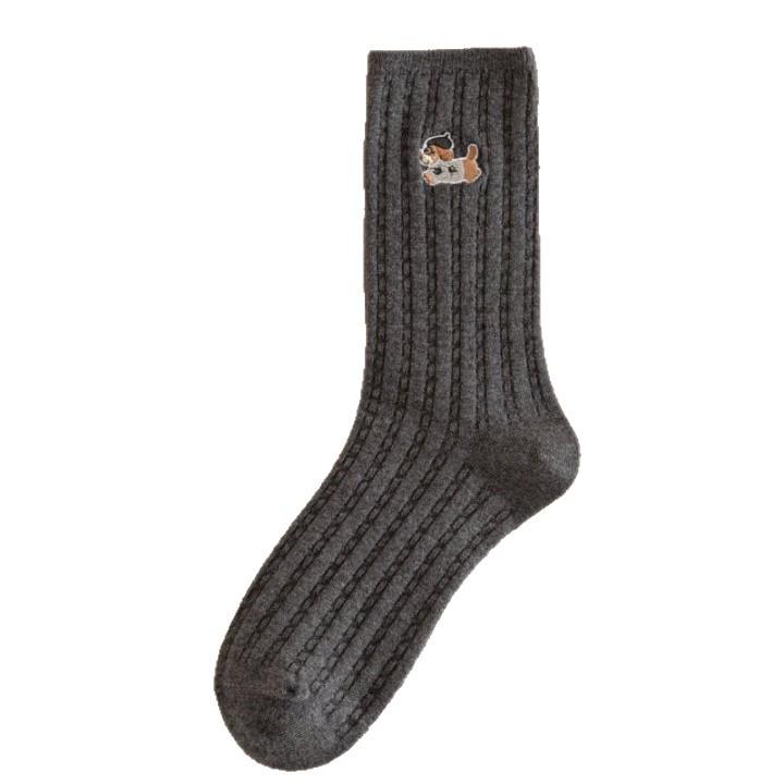 Women's Japanese Style Black & White Embroidered Ribbed Wool Mid-Calf Socks - Thick, Warm, Loose Fit for Autumn & Winter