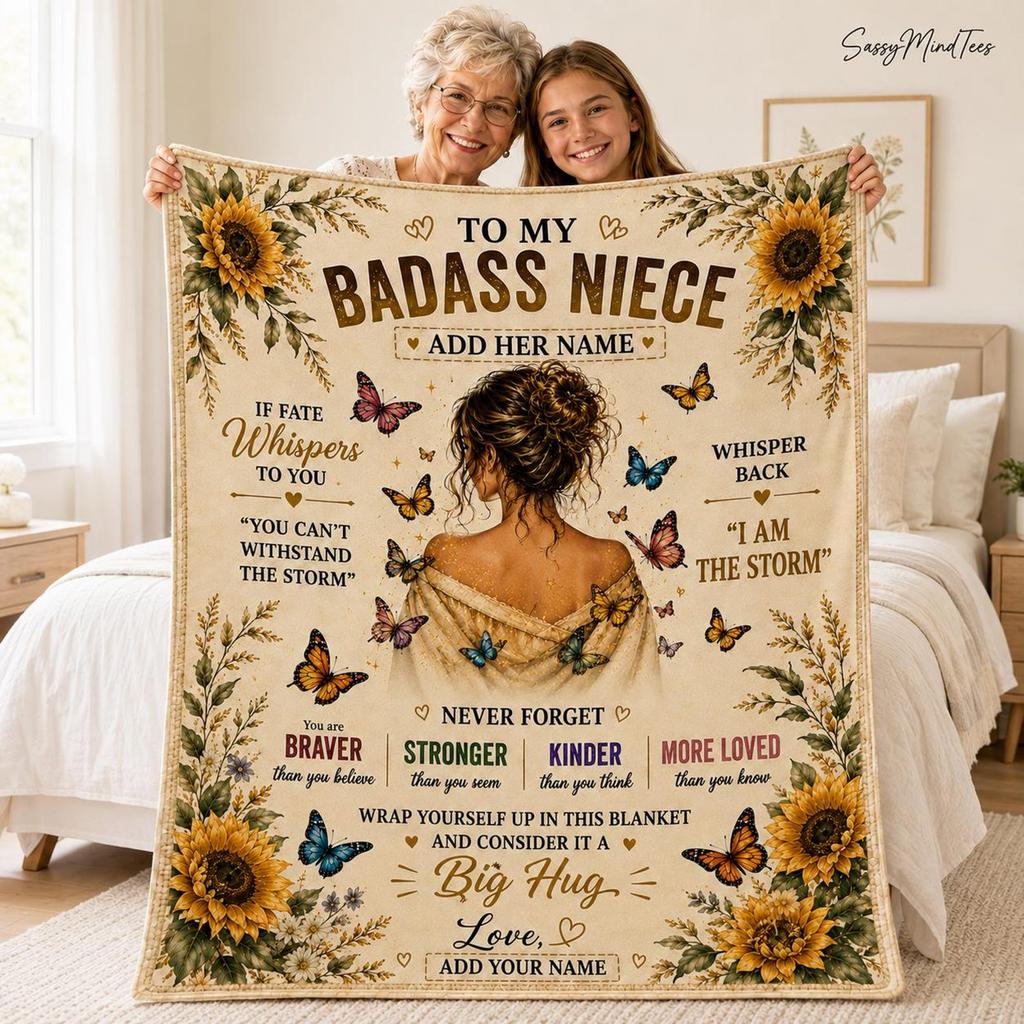 Personalized To My Badass Niece Blanket, Sunflower I Am The Storm Throw, Custom Niece Gift, Big Hug Inspirational Gift from Aunt or Uncle