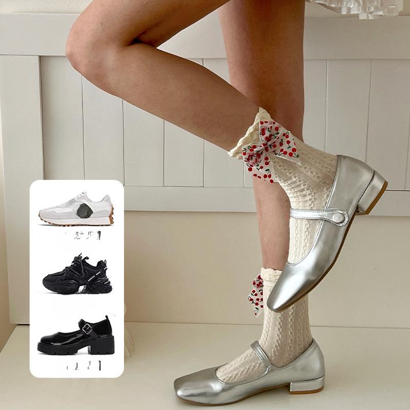 Women's Mesh, Bow, Lace, Mid-calf Socks for Spring and Summer, Thin Fruit, Cherry and Small Flower Socks, Trendy Pile Socks