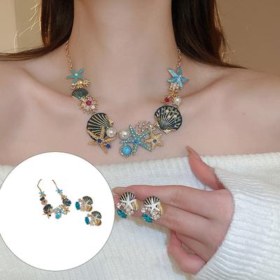Necklace Earrings Set Featuring Starfish Shell Coral Designs With Alloy Rhinestones and Imitation Pearls for Women