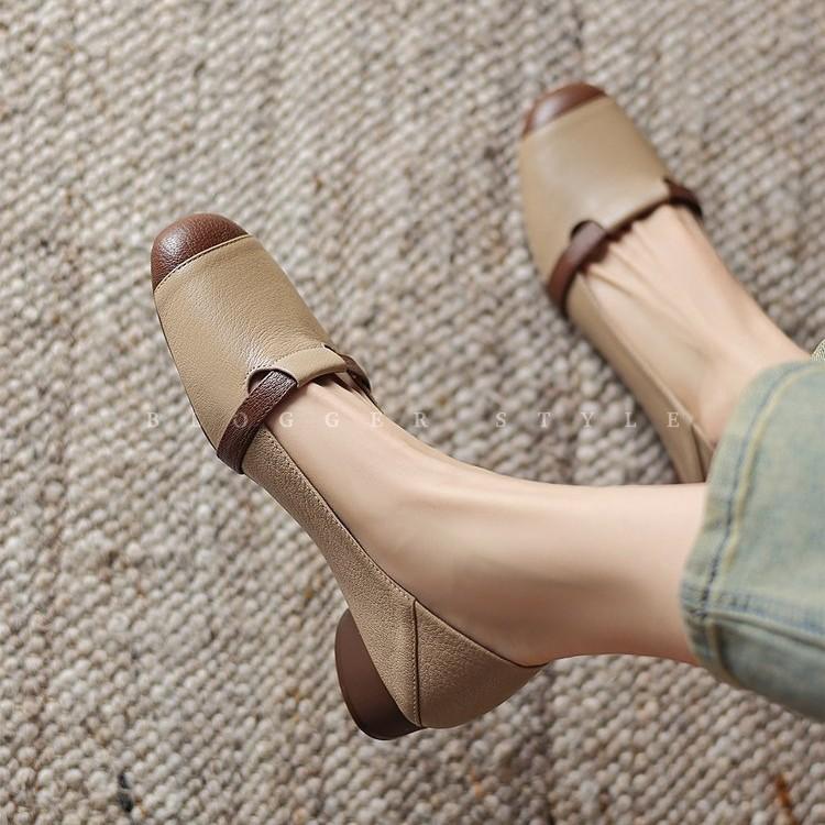 Spring soft-soled French women's shoes, light-mouth retro new single shoes, one-pedal color matching round head low-heeled work small leather shoes