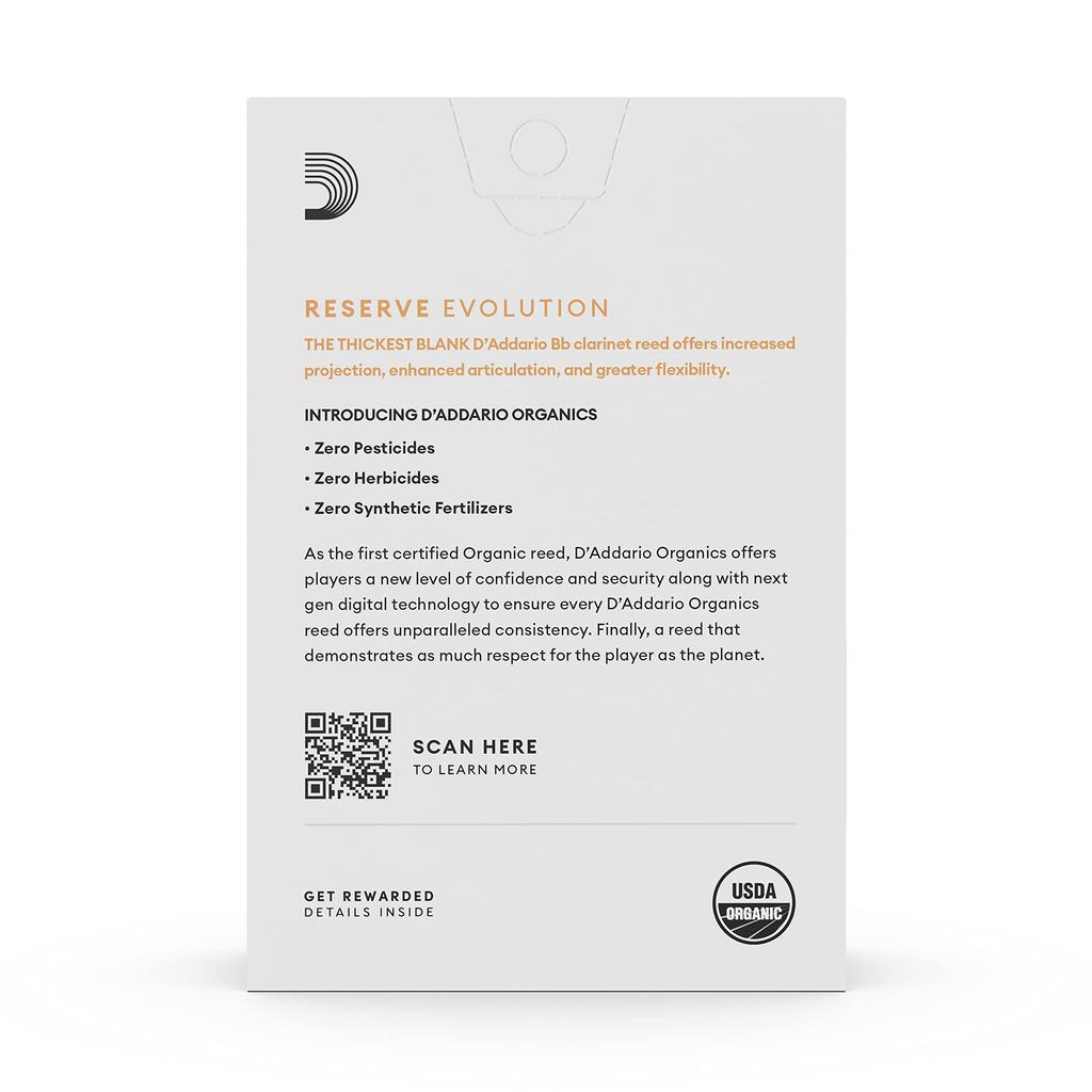 WoodWinds Reed for Bb Clarinet USDA Organic Certified RESERVE EVOLUTION ODCE1040 Pack of 10 D'Addario D'Addario [Hardness 4.0] []