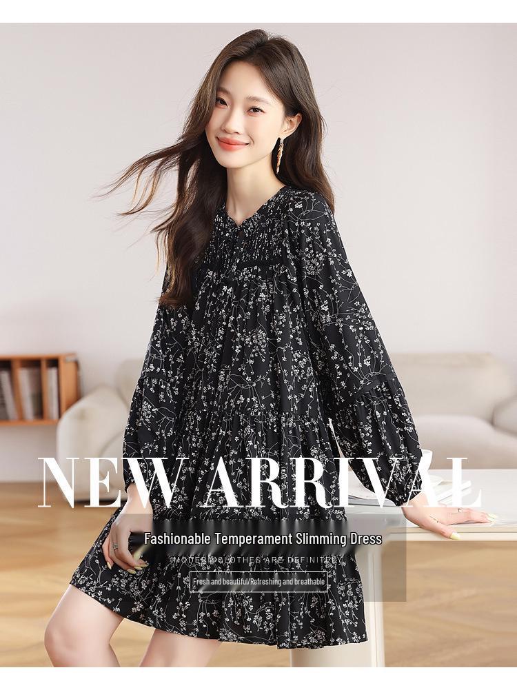 Plus Size Women's Floral Chiffon Dress: Salt-Sweet Autumn Style with Long Sleeves