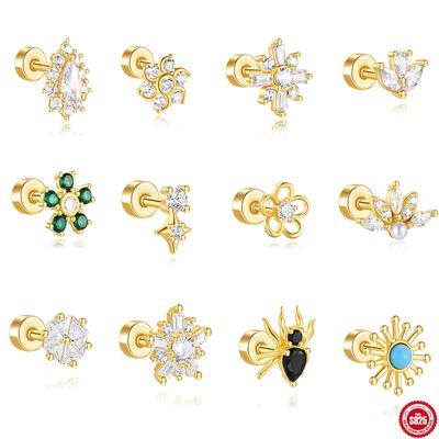 S925 Sterling Silver Daily Versatile Geometric Diamond-Set Cartilage Spiral Thick Bottom Flat Head Piercing Earrings Earrings Women