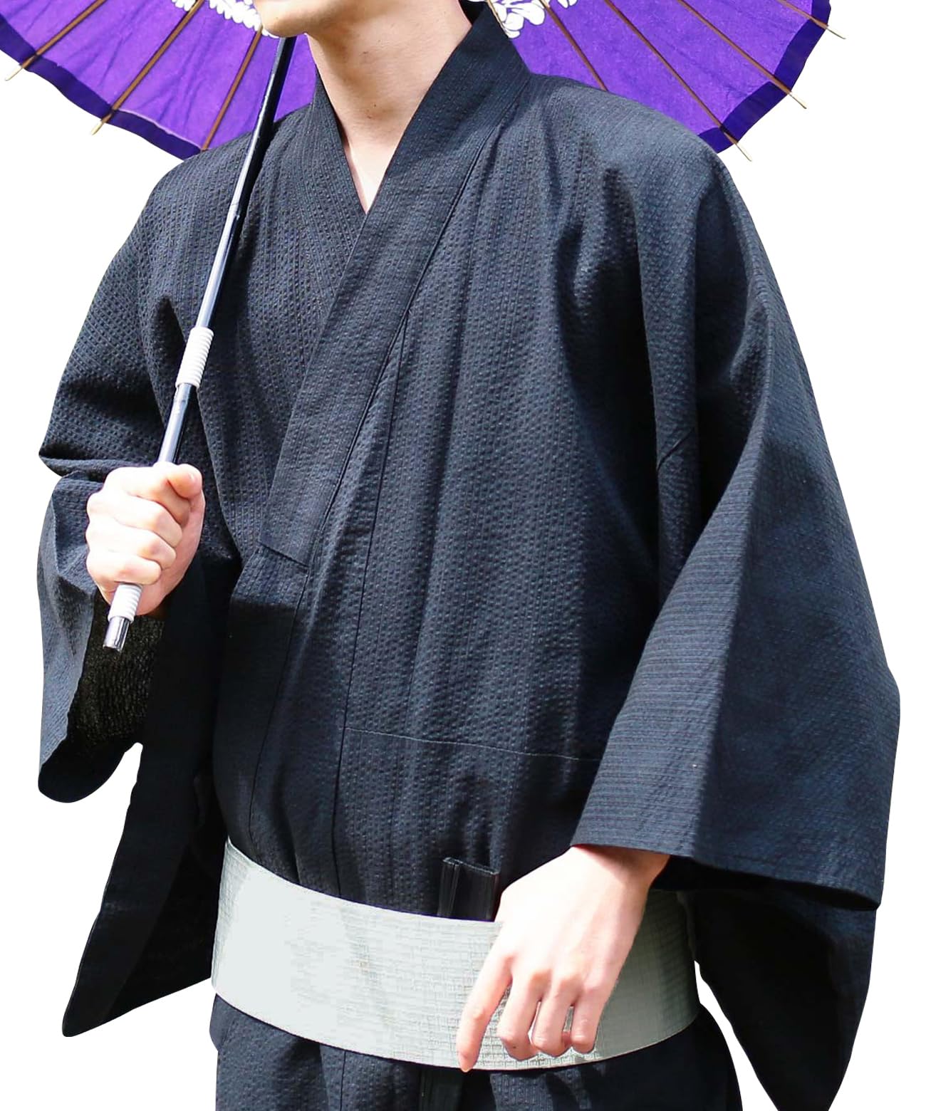 [Rochelle] Men s Yukata 6-Piece Set (Yukata, Obi, Geta, Shingen Bag, Fan, Waistband) M A Indigo Seersucker | One-Touch Obi, Easy to Wear, Yukata Set,