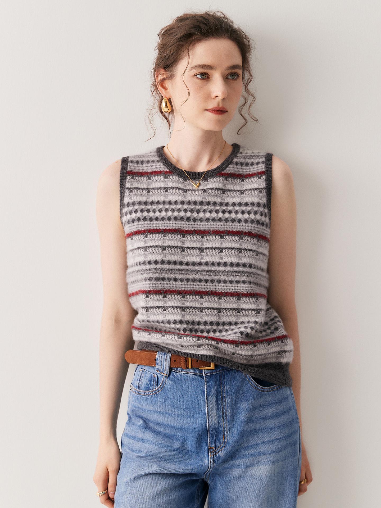 Women`s Cashmere Floral Stripe Sleeveless Vest
