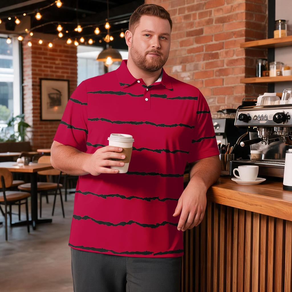 Men's Big Size Short Sleeve Golf Shirt Breathable Casual Workwear Polo Shirt with Striped Plaid Print Comfortable Fit