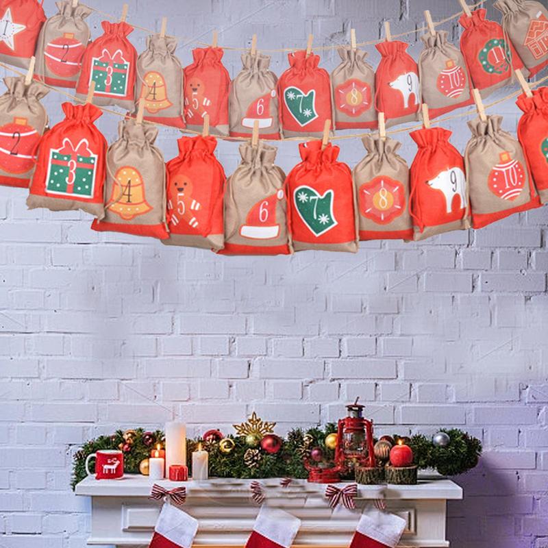 Advent Calendar Burlap Bag Set 24X Christmas Countdown Burlap Bags Reusable Christmas Celebration Ornaments Door Wall Seasonal