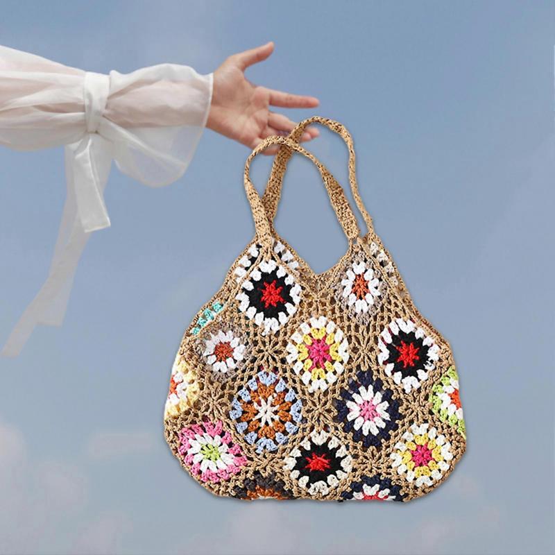 Women Tote Bag Floral Crochet Large Capacity Handmade Vintage Multicolor Hollow Out Handbag for Travel