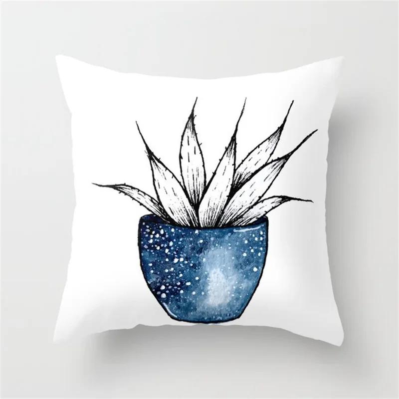 45x45cm Ins Blue Flower Marble Polyester Pillowcase Leaves Geometric Patchwork Cushion Cover Chair Living Room Home Decoration
