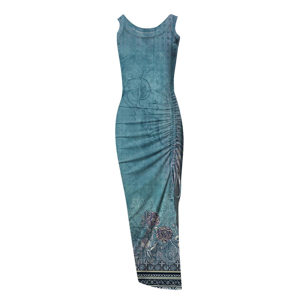 Women's Fashion Printed Ribbed Drawstring Sleeveless Slit Dress