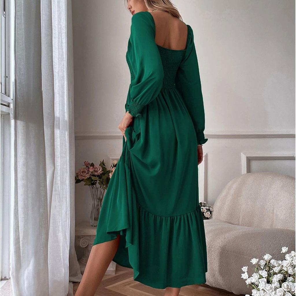 Lässiges, einfarbiges, enges Pulloverkleid für Damen mit U-Ausschnitt, langen Ärmeln, Rüschen und hoher Taille