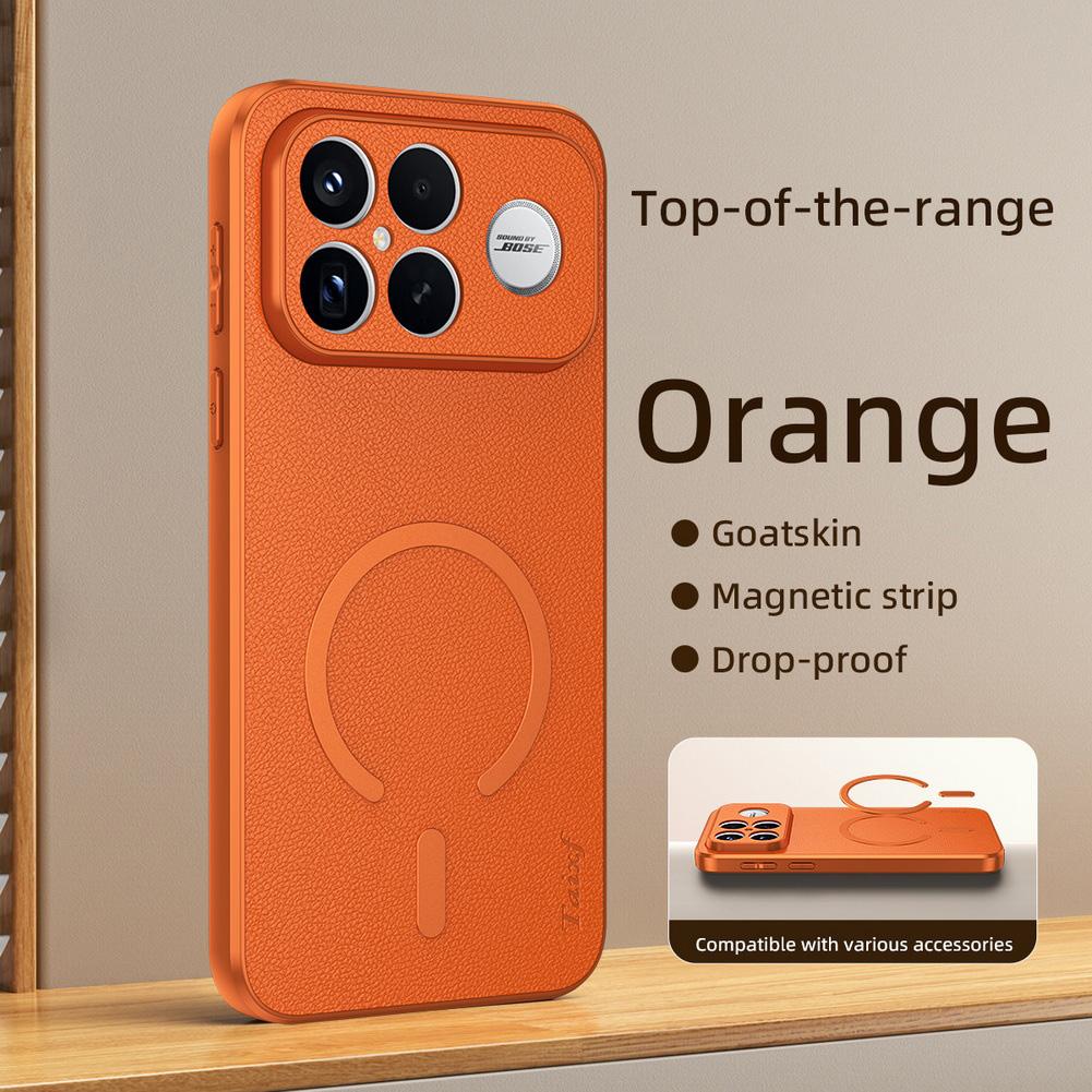 Luxuriöse Ziegenleder Magnetischer Ring Handyhülle für POCO F8 Ultra F8 Pro F7 Ganzkörper-Schutz für Magsafe Ladeabdeckung POCO X8 PRO MAX orange