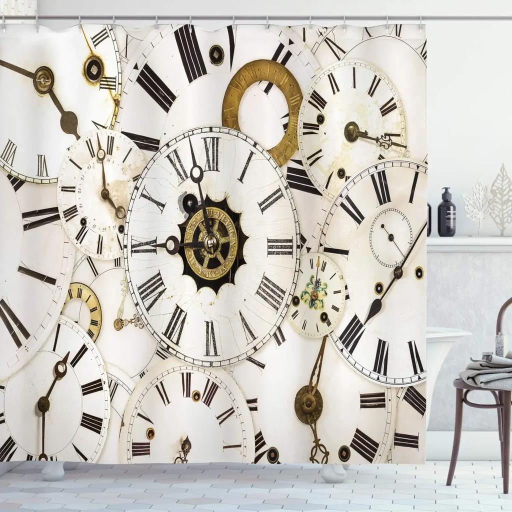 Retro Steampunk Clocks and Gears Shower Curtain Mechanical Clocks Details Over Old Metal Cloth Fabric Bathroom Curtain Set,hooks
