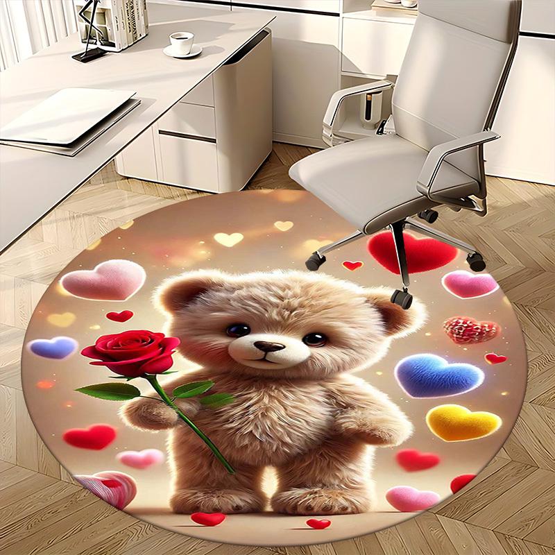 1pc Cute Teddy Bear with Rose Round Carpet - Anime Design, Valentine's Day Gift, Office Chair Mat, Non-Slip Rug for Home Decor, Suitable for All Seaso