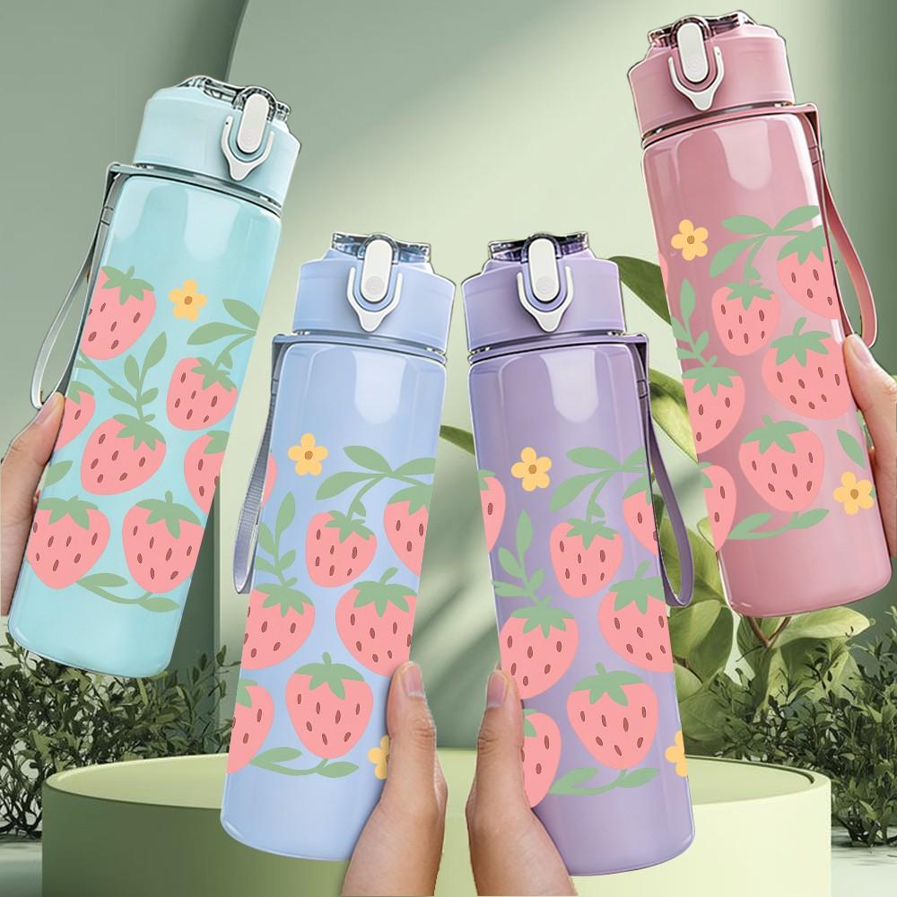1PC Fresh Strawberry Floral Pattern 750ml Color Plastic Sports Water Bottle Leakproof Flip Straw Lid Suitable for Sports Office Home Use