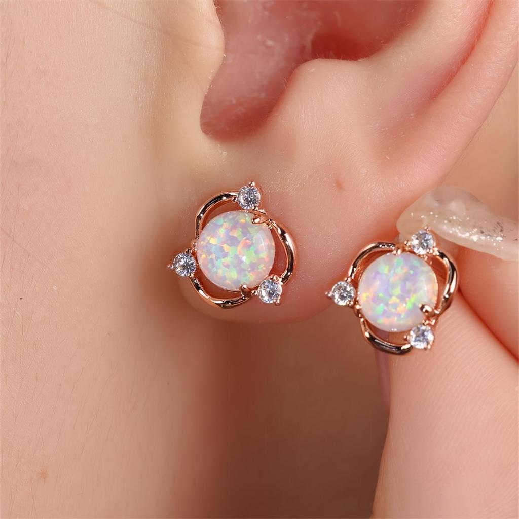 1 Pairs of Exquisite Copper Earrings Set with Opal Featuring Small Flower Design Elegant Retro Style for Autumn and Winter Valentine's Day