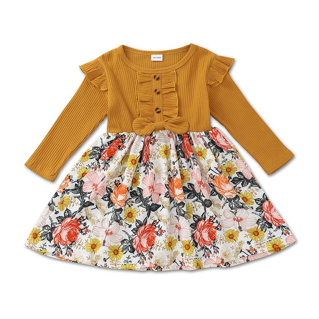 Spring And Baby Long Sleeve Printed Splicing Dress Princess Dress