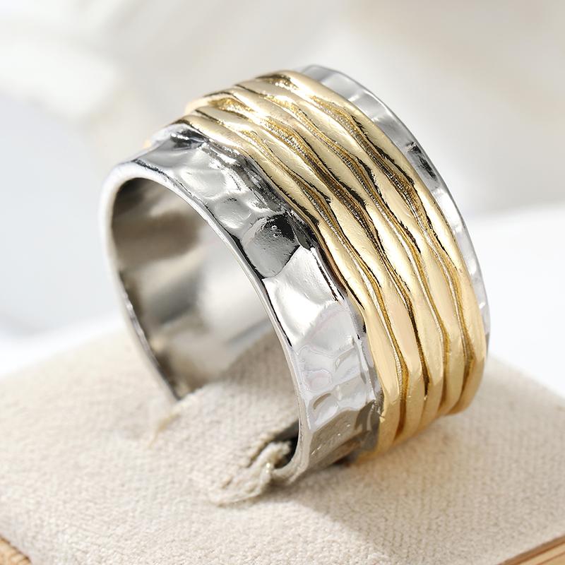 Klassischer handgeschnitzter Damenring Ethnisches Zweifarbiges Metall Geometrie Tägliches Tragen Party Schmuck Jubiläumsgeschenk 8 beige