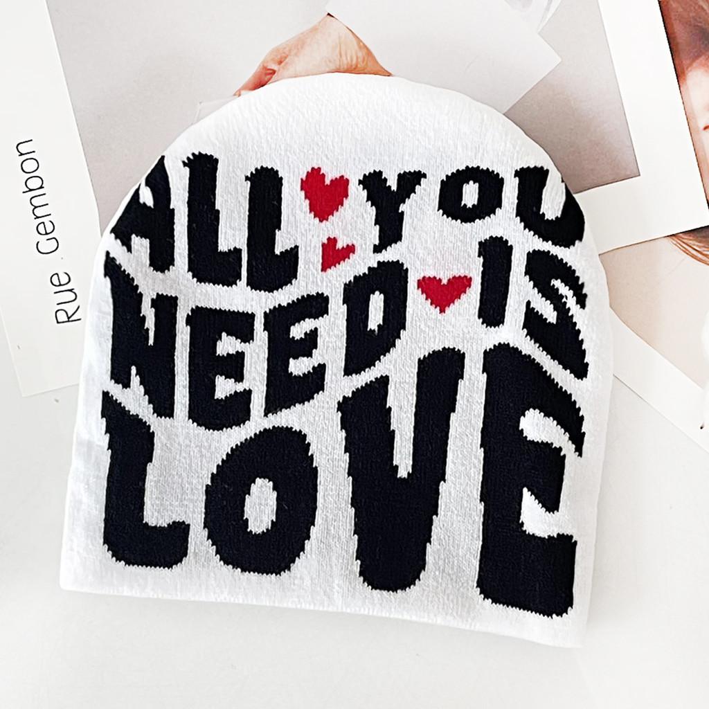 Color Simple Blocked Letter And Heart Pattern Women Casual Warm Hat Knitted