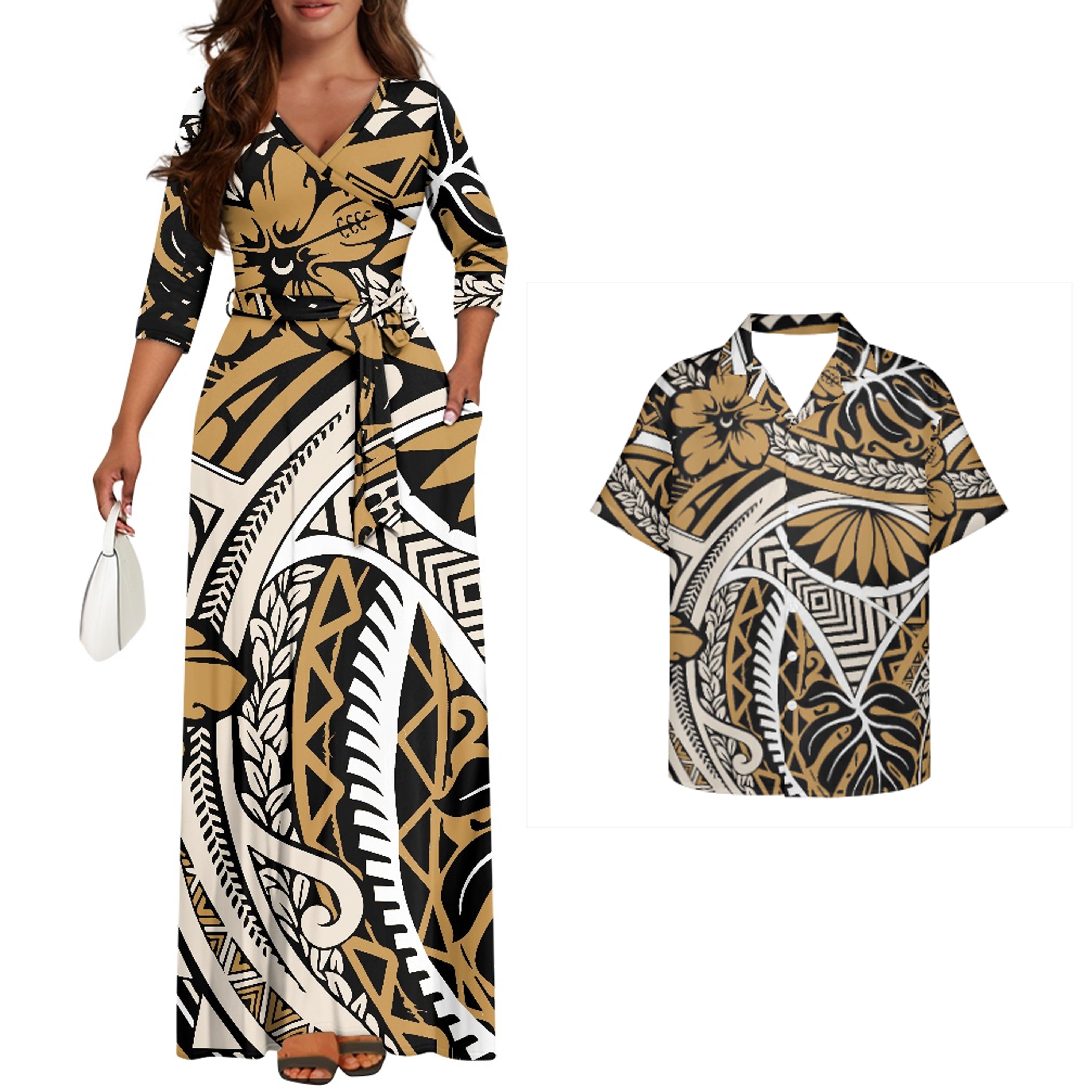 Trending Luxury Couple Matching Hawaiian Luau Party Outfit Set Polynesian Hawaiian Pattern Puletasi Print Dress and Men s Shirt Men shirt - XS