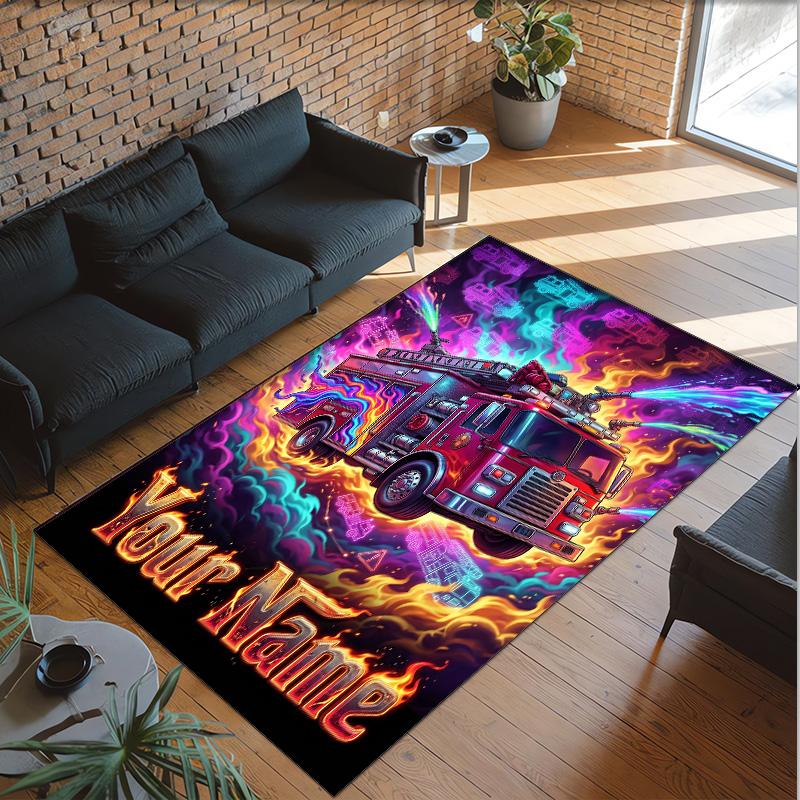 Fire Truck Theme Crystal Velvet Rug Personalized Custom Name Text Soft Floor Mat Home Decor