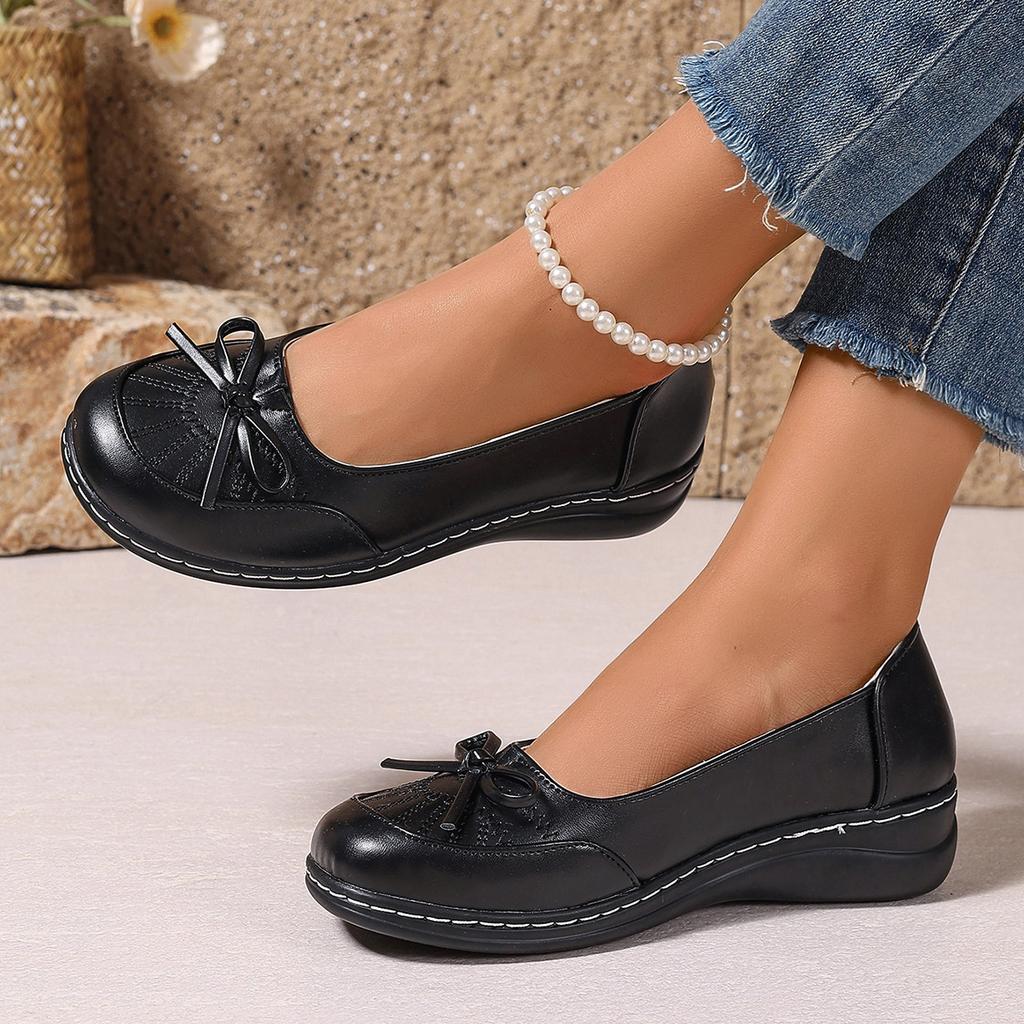 Fashion Comfort Soft Sole Pu Leather Flats Women Bowknot Decor Non Slip Platform Loafers Woman 2025 Slip On Casual Walking Shoes Size 42