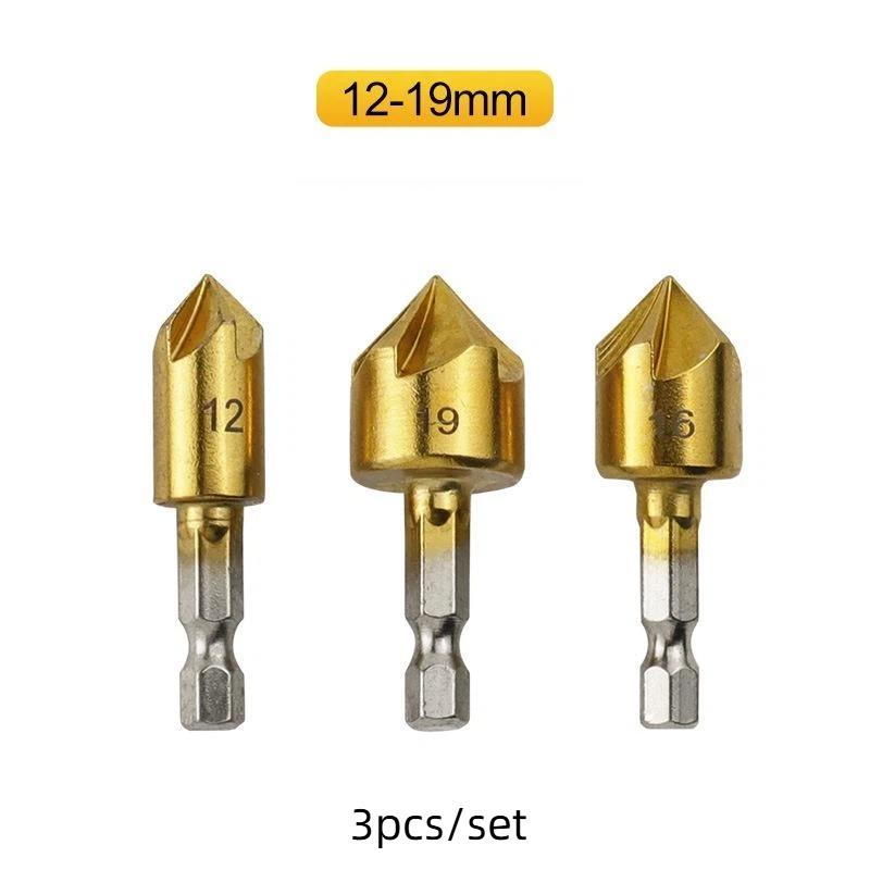 3/6Pcs Hexagonal Handle Titanium Plated Five Edge Chamfering Knife Countersunk Drill 6-19Mm Woodworking Spot Facer Tool Set