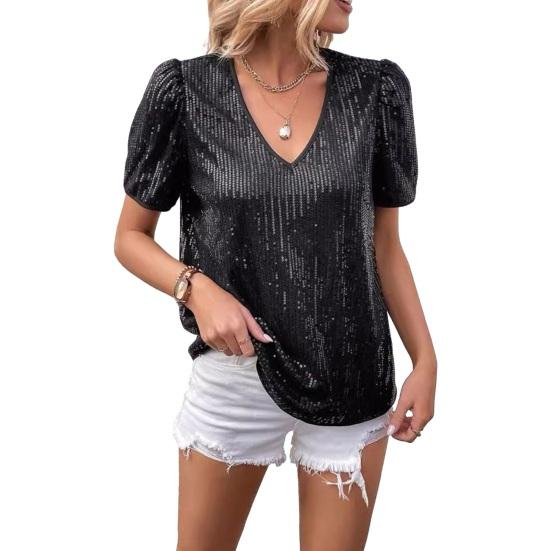 Women T-shirt V-Neck Short Sleeve Shiny Sequins Tee Shirt Loose Fit Summer Sexy Tops Holidays Parties Wear