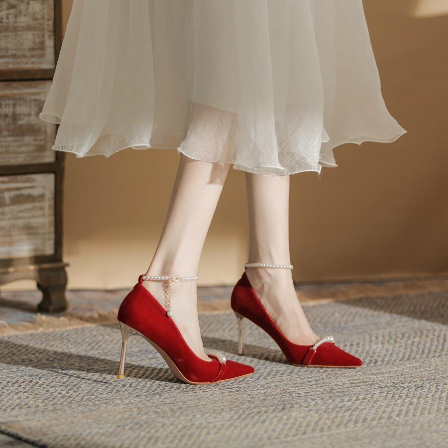 83115 high-heeled wedding shoes for women's 2025 new pointed-toed show clothes bridal shoes light-heeled pearl chain single shoes