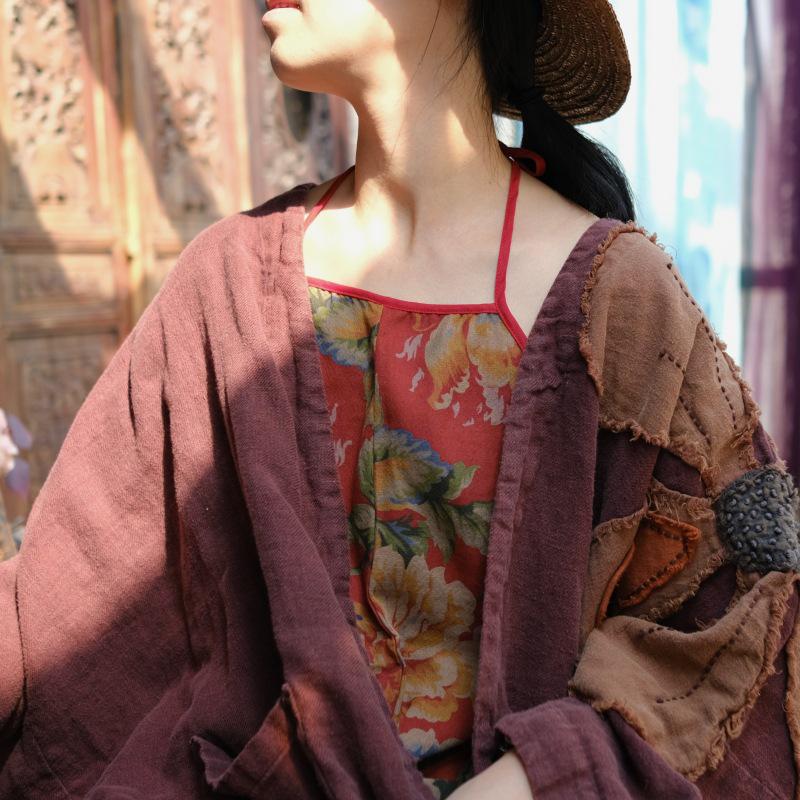 Vintage Linen Hand-Embroidered Snowflake Robe, Loose Fit - Old Coffee Color (2002)