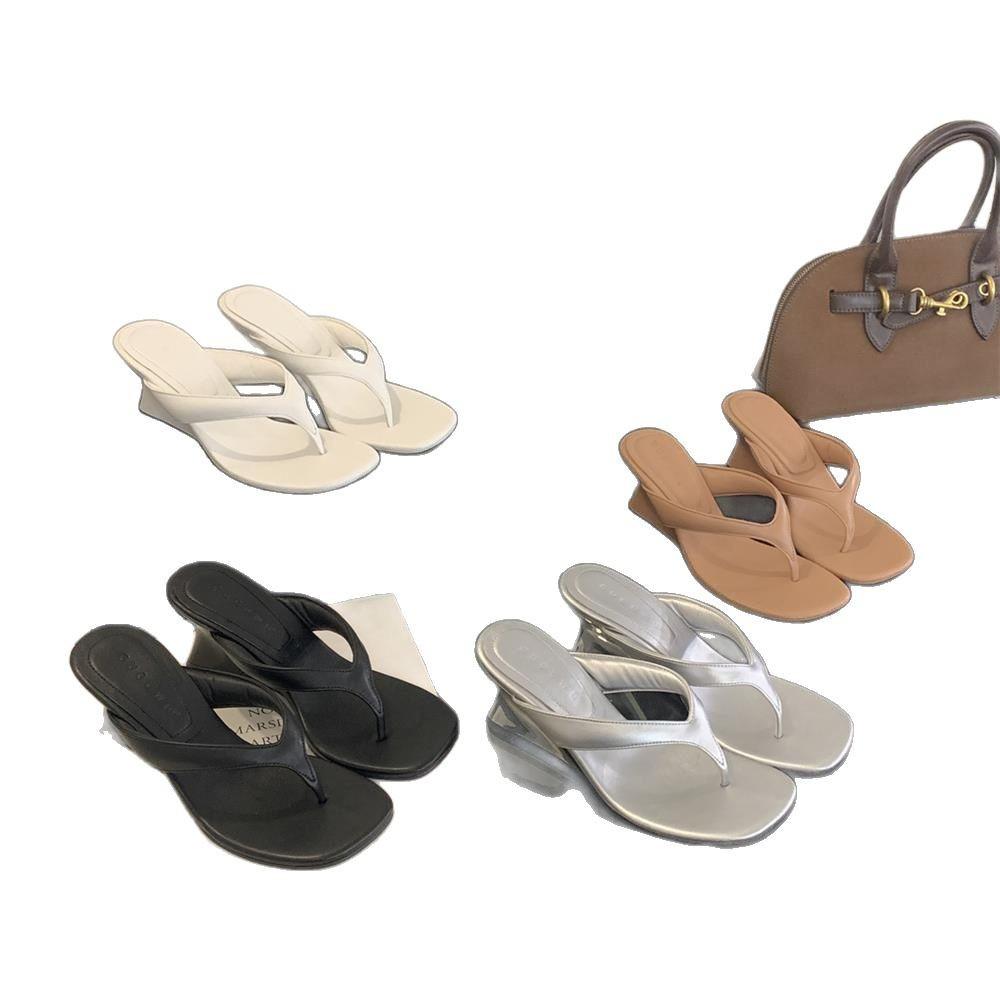 2025 Spring/Summer New Fashionable and Versatile Square Head Slope Heel Flip Flops Sandals Half Dragged Women