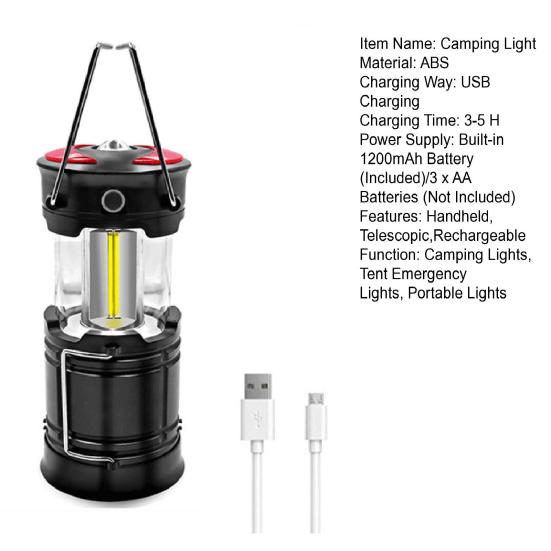 LED Camping Lantern Outdoor Rechargeable Battery Powered 2-in-1 Emergency Light Handheld Telescopic Camping Light