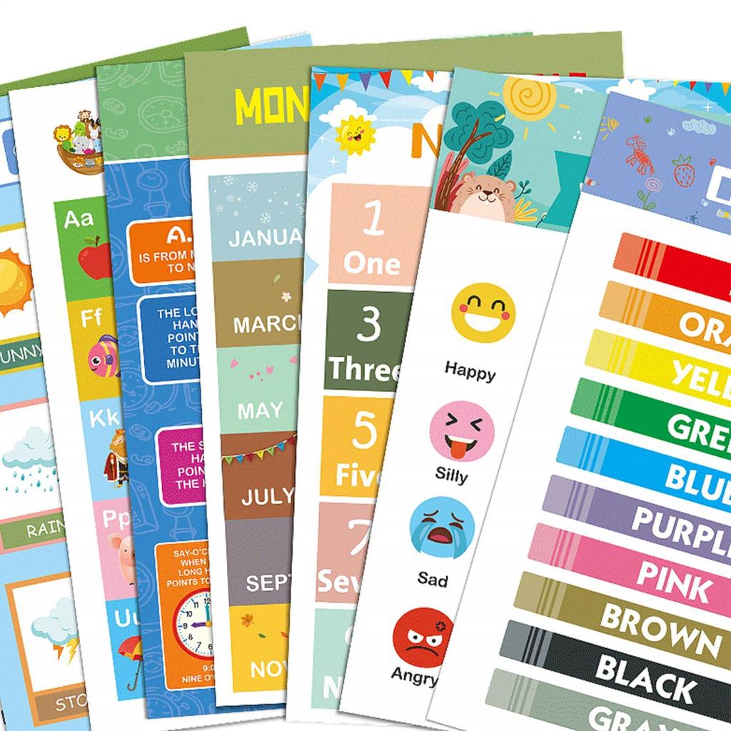 Educational Poster School Educational Charts 12 Pieces Time Numbers Letters Charts for Travel Boy Preschoolers Develop Skills
