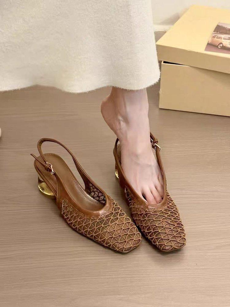 

Версия из овчины~ Летняя ретро плетеная сетчатая пряжа полая дышащая сумка на голову обувь женская голова спина пустой толстый каблук уличные сандалии 40 темно-коричневого