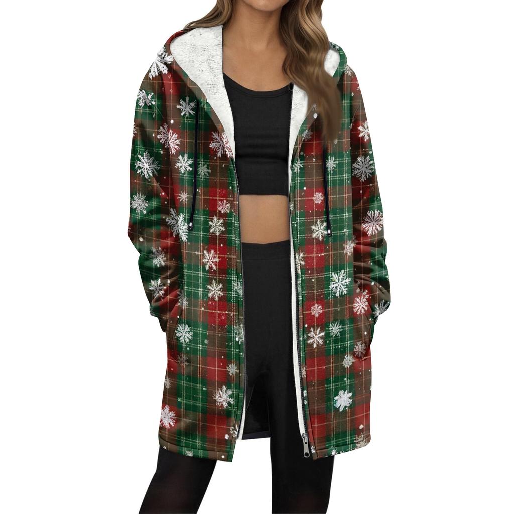 Women's Christmas Printed Fashionable Loose Zipper Fleece Hoodie Jacket