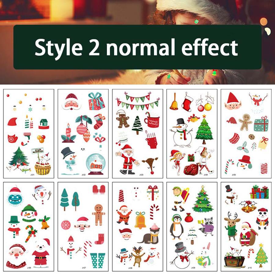 10pcs Luminous Tattoo Stickers Christmas Theme Waterproof Temporary Tattoo Santa Reindeer Tree Candy Design Holiday Makeup Decor