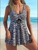 Women's V-Neck Two-Piece Skirted Swimsuit with Boyshorts - Printed, Figure-Flattering Vacation Swimwear