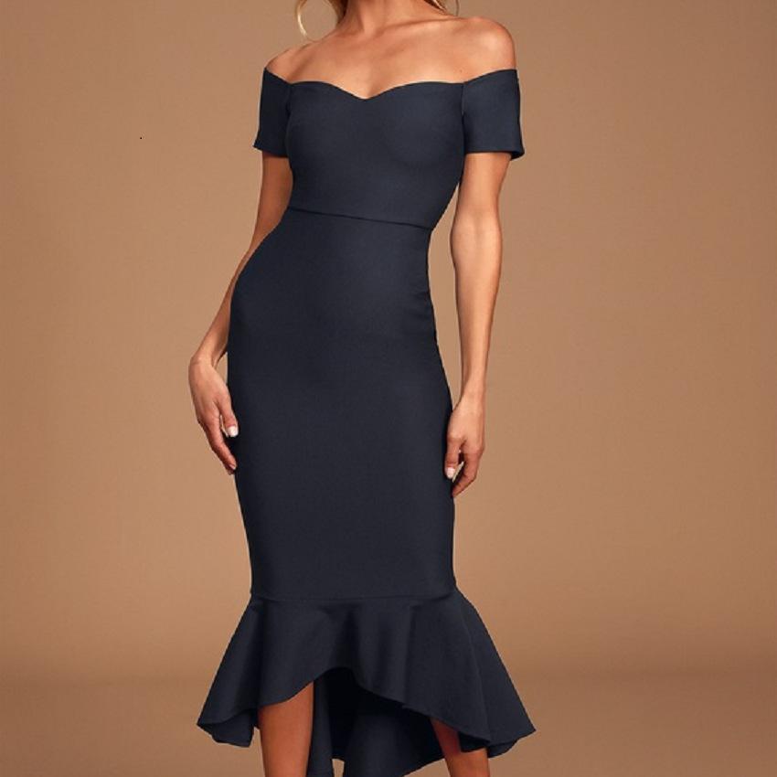 European And American Women'S Clothing New Fashion Temperament Slim Solid Color Sexy One-Word Collar Off-The-Shoulder Hip Fish Tail Dress
