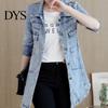 Chaqueta Cuello Solapa Bolsillos con Solapa Denim Encogimiento Ajustado Abrigo Resistente Dobladillo Irregular Largo Mujer Streetwear