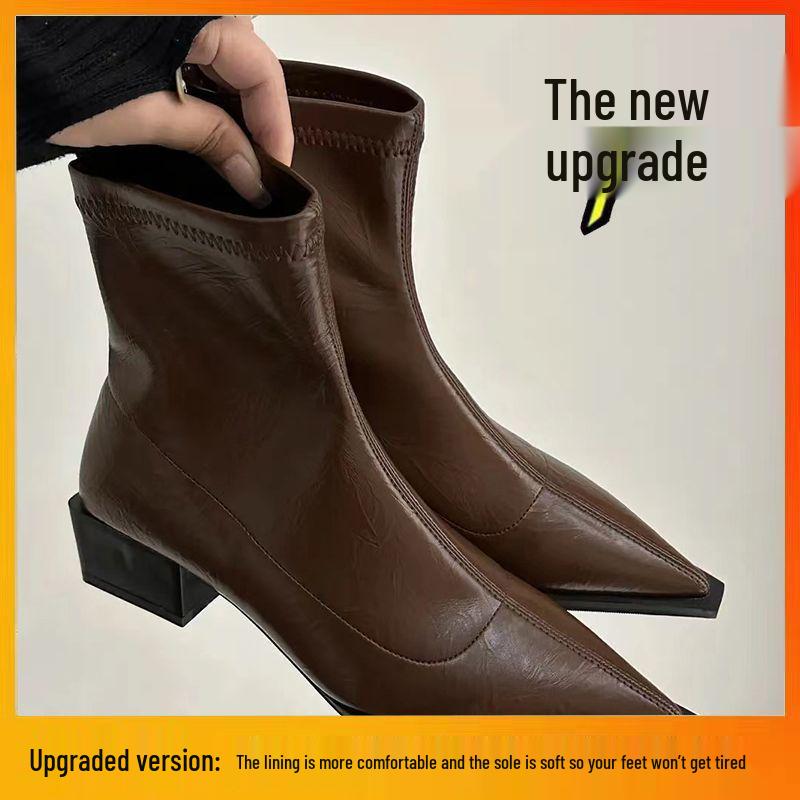 Dammode Franska Ankelstövlar med Tjock Klack 2025: Spetsig tå, Stretch, Mellanhög klack, Smickrande, Trendig design med kort skaft.