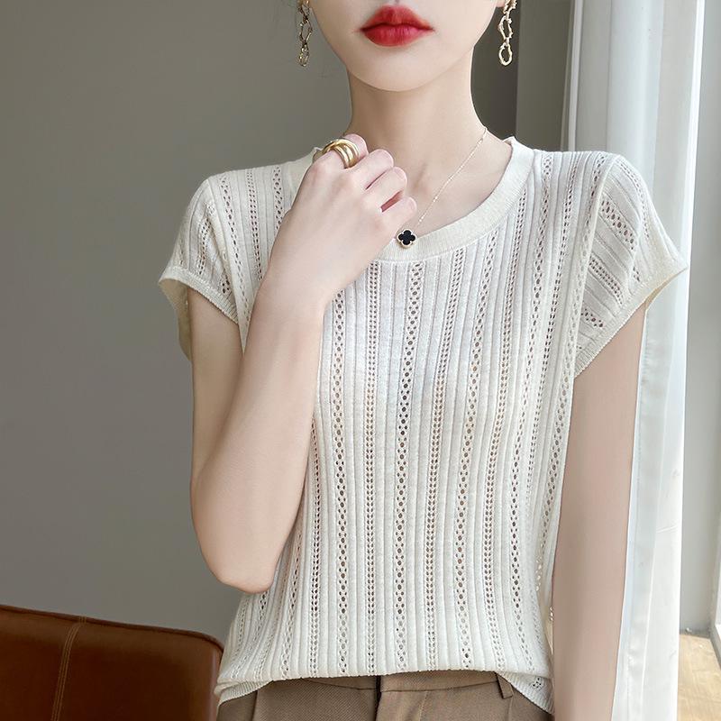 

Вязаный топ с открытыми плечами - летний женский пуловер с рукавами 3/4 XL (120-140 lbs) кремовый/белый