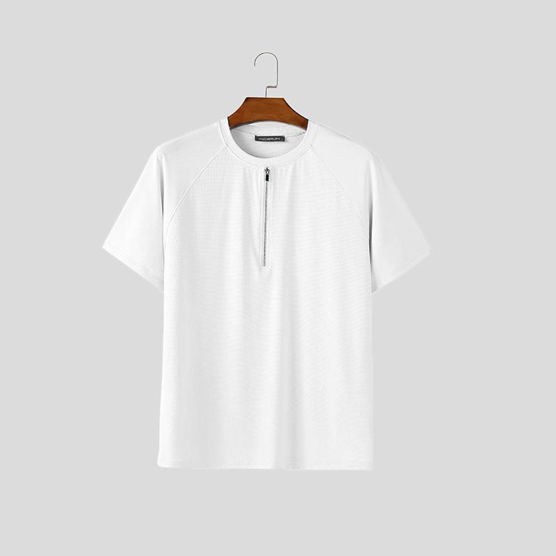 

INCERUN Summer Men Short Sleeve Zip-up Casual Fitted T-shirts S белый