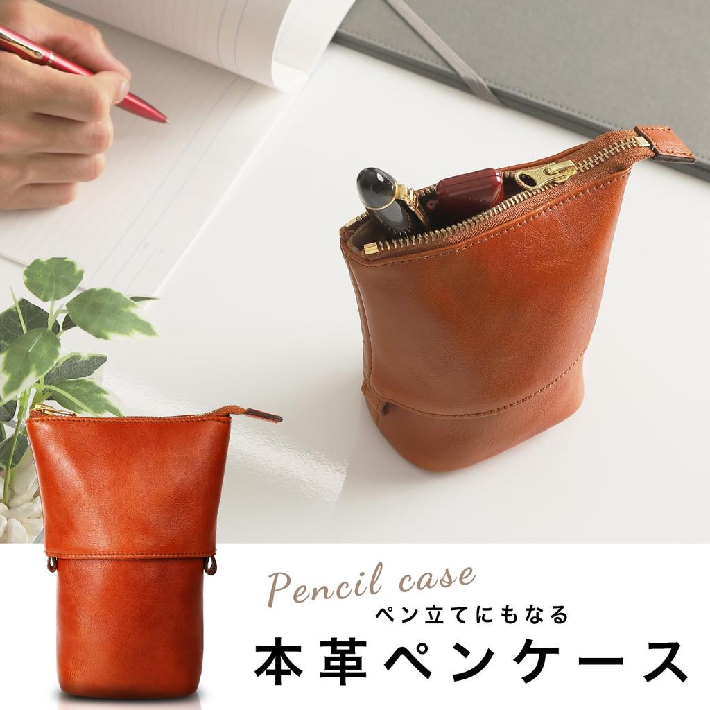 EBISSY Genuine Leather Pencil Vertical Large Stand Pouch for Makeup and Art Unisex Gift Case, Freestanding, Stand, Capacity, Brushes, Cosmetics,