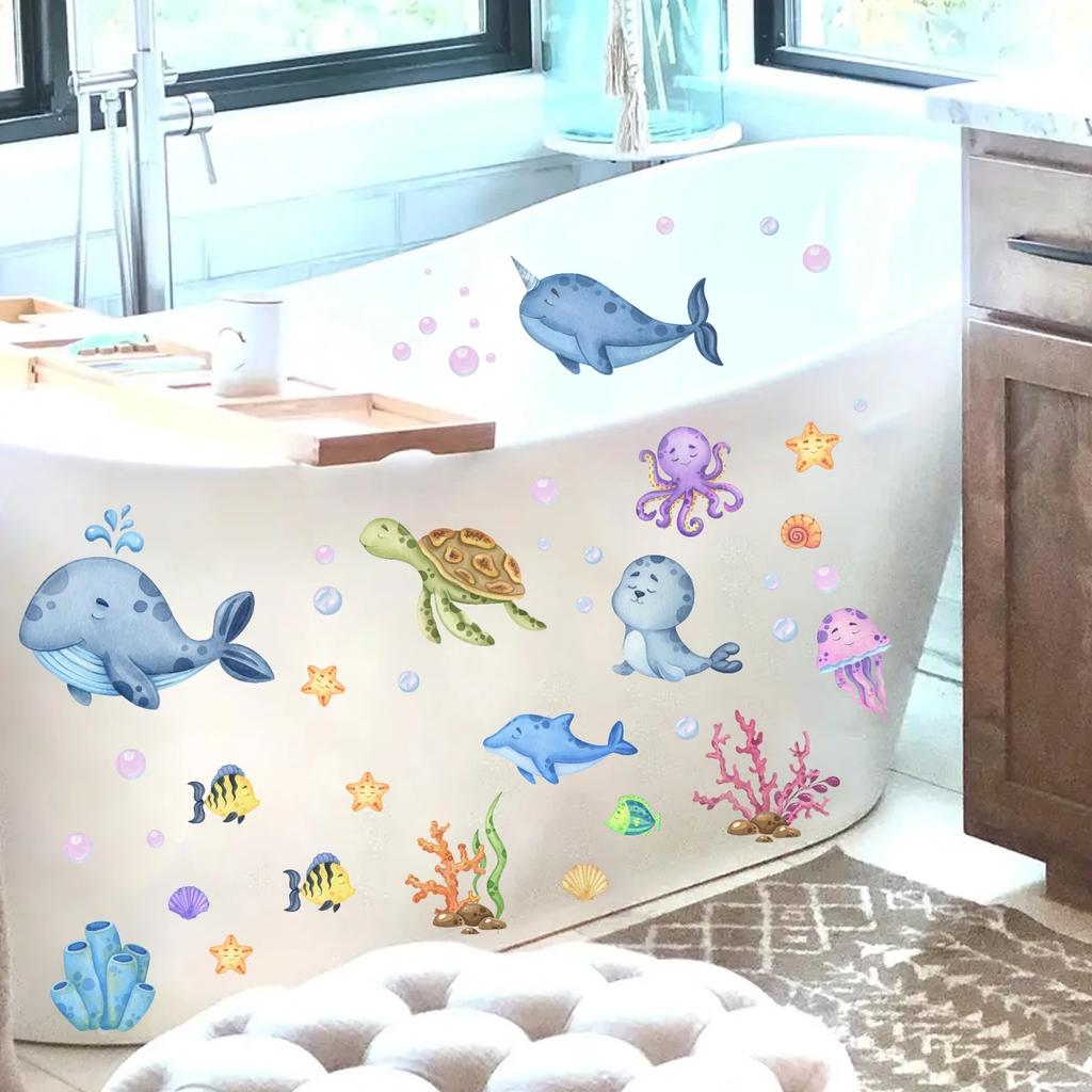 1Pc Whales Turtles Dolphins Cartoon Marine Animal Wall Stickers For Bathroom Bathtub Kids Baby Room Decor Bedroom Decoration