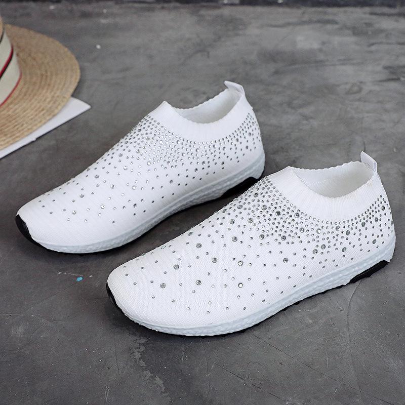Amazon Large Size Fly-Woven Light Mouth Versatile Rhinestone Flat Bottom Women'S Sports Shoes Mixed Batch